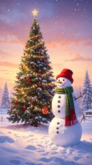 Christmas scene with decorated tree and snowman