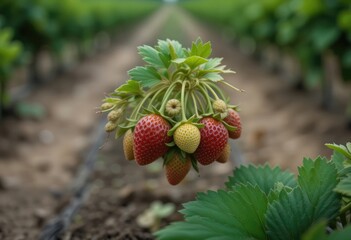 Closeup of strawberries growing on a plant in a field
