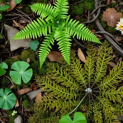 ferns, mosses, and flowering plants in redwood floor