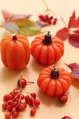 Beautiful composition with candles in shape of pumpkin and autumn leaves on beige background