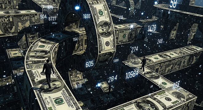 Businessmen Navigating Financial Maze of Dollar Pathways