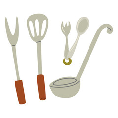Utensils for stirring dishes. Flat, isolated color illustration. Spoon, fork, ladle, spoon, and fork on a loop. Camping set. Cooking outdoors. Design for postcards. Picnics, hikes, camping