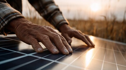 Two hands gently touch and inspect solar panels in a field filled with greenery under bright sunlight. The focus is on the details of the solar cells and the surrounding environment.