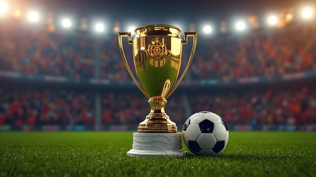Golden soccer trophy and ball on a vibrant green stadium field with bright stadium lights and blurred crowd in the background