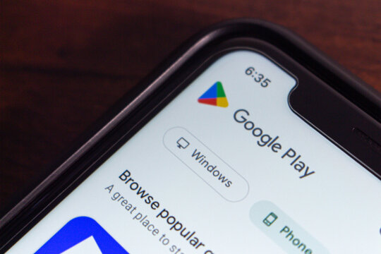 Mexico City, MEXICO - Sep 3 2025 : Smartphone showing the Google Play Store homepage with visible app categories.