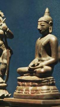 Old Ancient Bronze Figurines Of Indian Deities And Avatars in Row. 10-19th Century Ce. Rama Avatara, Krishna Avatara, Buddha. Close-up View on Kalki Avatara