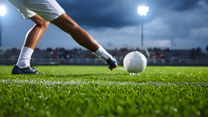 Dynamic Kick: Dramatic perspective on a soccer player's precise footwork, poised to strike the ball during a match in a floodlit stadium, embodying speed, power, and the essence of competitive sports.