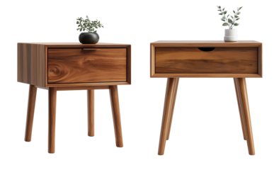 Small wooden table with a black vase on transparent background, cutout