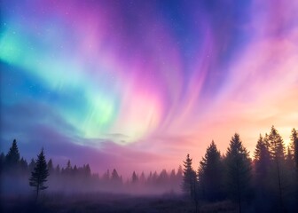 Obraz premium Northern Lights in purple and pink successes over misty forest