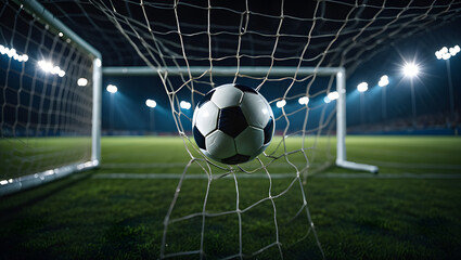 Naklejka premium Goal Triumph: A soccer ball nestled perfectly in the net, illuminated by stadium lights, symbolizing a moment of victory and skillful execution on the field.