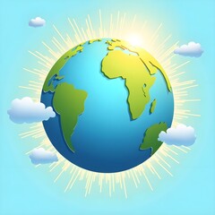 Fototapeta premium Earth and sun. A cartoon of the earth with a sun shining on it. The sun is in the middle of the image and is surrounded by clouds. The earth is shown in a blue and green color. 