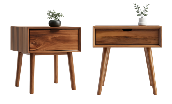 Small wooden table with a black vase on transparent background, cutout