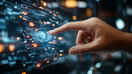 Hand Interacting with Futuristic Digital Interface Glowing Data Streams and Symbols