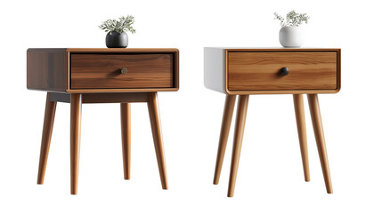 Small wooden table with a black vase on transparent background, cutout