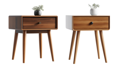 Small wooden table with a black vase on transparent background, cutout