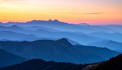 Mountain ranges at sunset, soft pastel hues