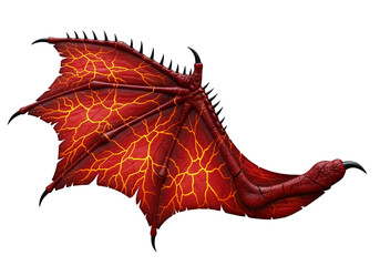 Naklejka premium A fiery, detailed dragon wing, ablaze with molten red and highlighted with streaks of fiery orange, against a stark black backdrop.