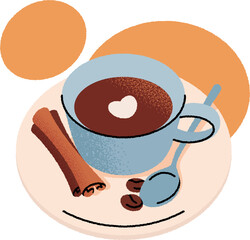 Flat lay composition with a cup of coffee on a saucer, accompanied by a teaspoon, coffee beans, and cinnamon sticks. Minimalist style, top view.
