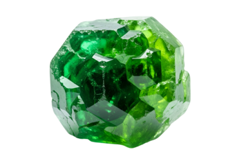 Vibrant green crystal, showcasing intricate facets and a rich, luminous quality against a stark black backdrop.