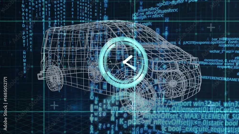 Wall mural animation of clock moving over car project and data processing