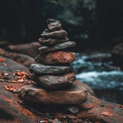 A meticulously stacked arrangement of stones, evoking tranquility and balance in a natural outdoor setting.