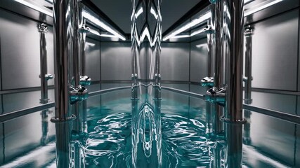 Symmetrical Reflections of Metallic Structures Over a Rippled Water Surface in a High Tech Setting, Creating a Futuristic Look
