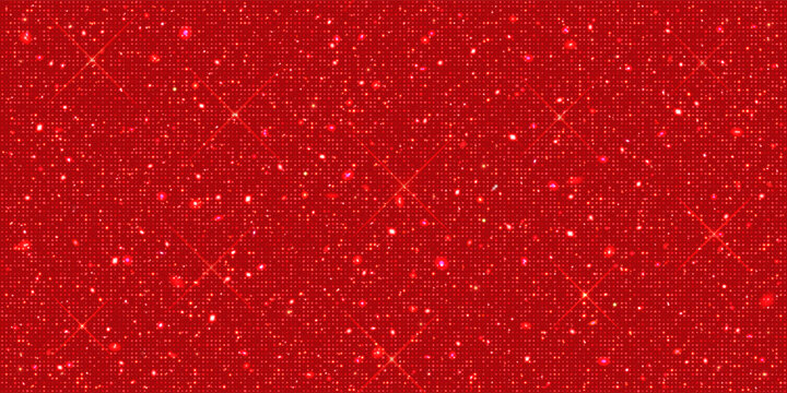 Seamless shiny red sparkles surface background - bedazzled sparkling fabric texture vector illustration. Glittering backdrop. Shimmering abstract wallpaper.