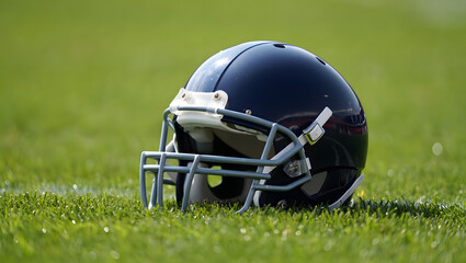 Football Helmet on the Field: A classic, pristine football helmet rests on the lush, green grass of the field, capturing the essence of the game in its finest detail.