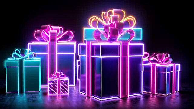 A group of brightly lit boxes with neon colors. The boxes are arranged in a row and are glowing in the dark. The boxes are decorated with ribbons and bows, giving them a festive
