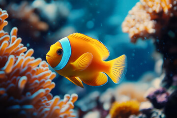 Bright orange clownfish swims gracefully beside vibrant coral reef in clear blue ocean water. Stunning underwater tropical marine scene.
