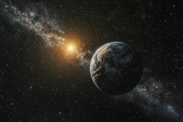 Naklejka premium Bright distant sun illuminates a textured planet in vast dark outer space. Countless shining stars and a glowing galaxy arm are visible.