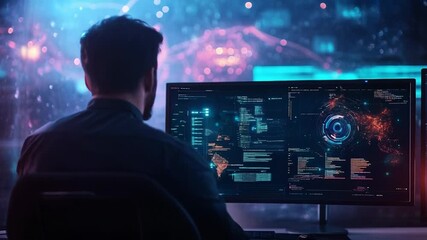 Software developer working on computer with abstract futuristic interface showing global network and data analysis - Powered by Adobe