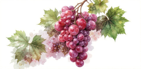 Watercolor painting of a bunch of red grapes hanging with vine leaves