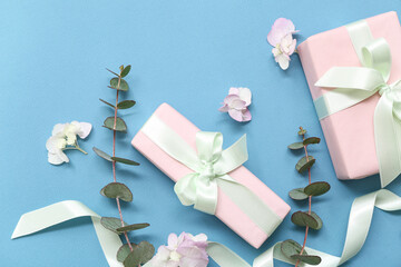 Gift boxes with hydrangea flowers and eucalyptus on blue background. International Women's Day