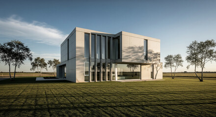 Obraz premium A striking modern house with a brutalist and minimalist architectural style, set in a vast, open field. The home’s concrete facade and large windows create a sense of strength