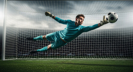 Young male goalkeeper trying to catch a soccer ball in mid-air in front of a goal net, dramatic action shot for advertising materials.
