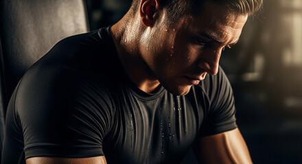 Young muscular caucasian man sweating during intense workout. Male athlete or bodybuilder in gym. Fitness training and determination concept for sport.