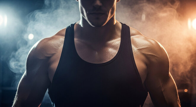 Muscular man in a tank top with sweat on his body showcasing fitness and strength concept. Perfect for health and wellness.