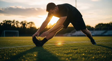 A male athlete stretching his leg on a green sports field at sunset, preparing for physical activity and exercise.