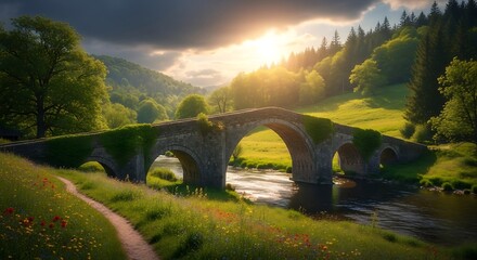 Stone arch bridge over river and a beautiful mountain Valley