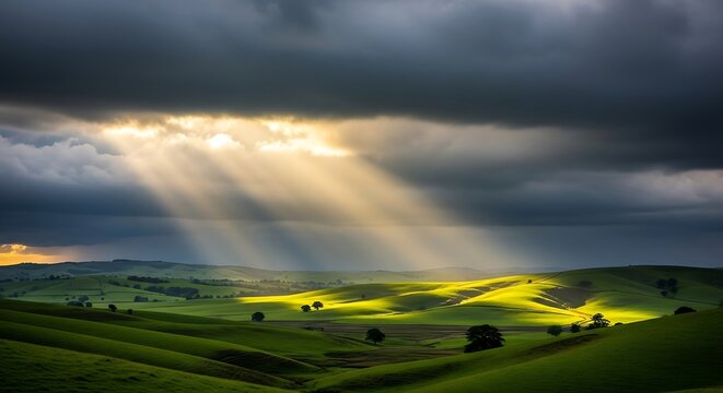 dramatic storm clouds over rolling green hills and sun light