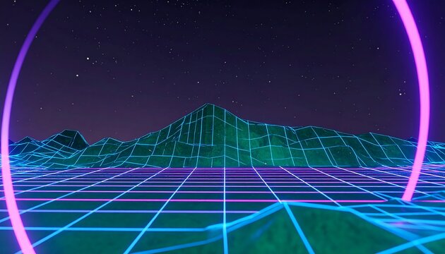 Retro landscape with glowing neon circles