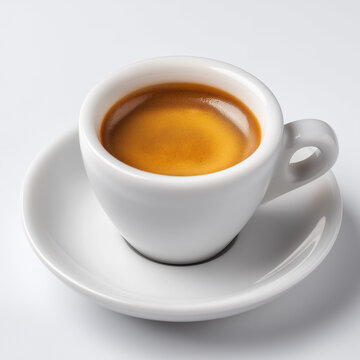 Ultra realistic studio photo of a doppio (double espresso) in a plain white porcelain cup, perfect side view, isolated on pure white background, rich dark espresso with smooth golden crema on top, cle