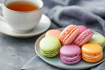 Obraz premium Plate with macarons and cup of tea