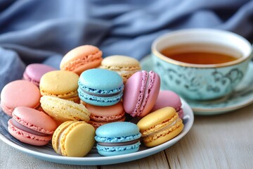 Obraz premium Macarons in different colors with tea
