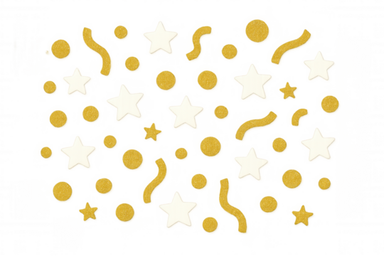 Sparkling gold and white confetti raining down, adding festive elegance against transparent backdrop for event graphics