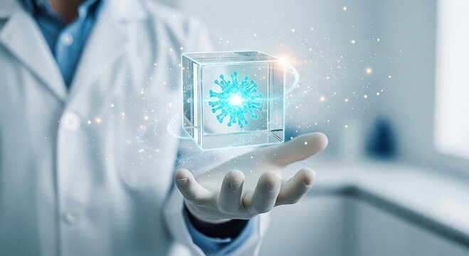 Scientist Holding Holographic Virus Model in Lab - Medical Research, Healthcare, Biotechnology Concept.