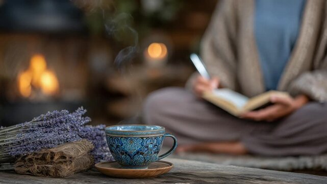A serene yoga student journals post-meditation, surrounded by incense and soft music in a rustic studio, with a calming herbal tea at hand.