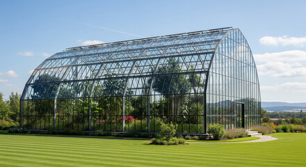 Naklejka premium A striking, modern glass conservatory stands elegantly on a perfectly manicured green lawn under a clear blue sky. The curved, transparent roof and walls reveal a vibrant botanical collection of trees