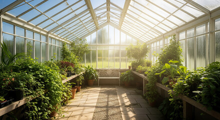 A sun-drenched, glass-paneled greenhouse is filled with a lush variety of thriving green plants. Sunlight streams through the transparent roof, casting long shadows and creating a peaceful